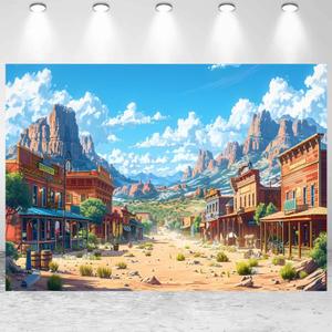 7x5ft Western Backdrop Wild West Theme Cowboy Birthday Party Photography Background Vintage West Town Desert Mountain Decorations Kids Adults Portraits Banner Photo Studio Props