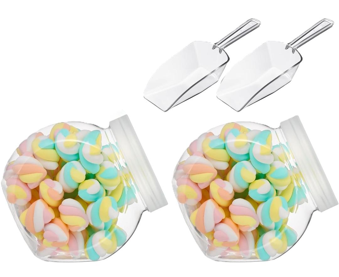 Umigy Plastic Candy Jar with Lid for Candy Buffet with Mini Acrylic Plastic Kitchen Scoop 42 oz Clear Candy Container Cookie Jar for Kitchen Counter Decorative(2 Sets)