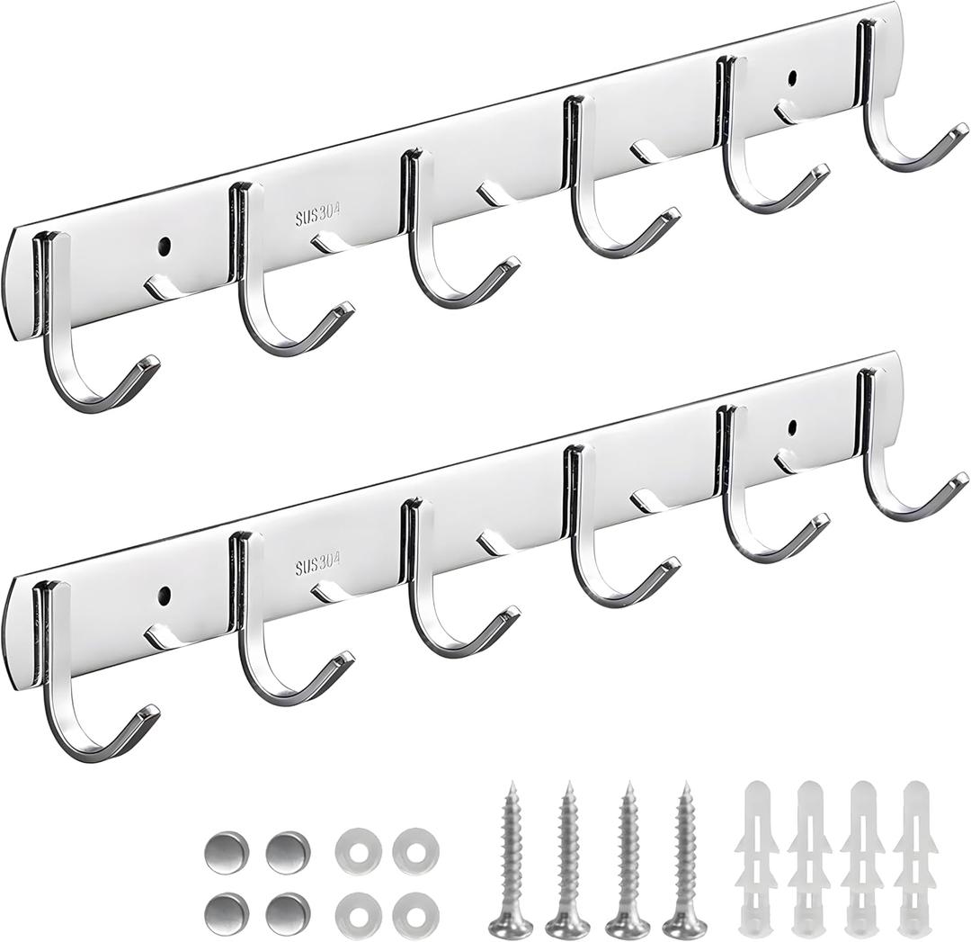 Coat Rack Wall Mounted - 6 Hooks, 304 Stainless Steel, Metal Coat Hook Rail for Coat Hat Towel Purse Robes Mudroom Bathroom Kitchen Entryway (Silver, 2 Packs)