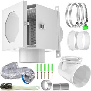 Dryer Lint Trap, Indoor Dryer Vent Kit with Lint Catcher, Metal Dryer Duct Lint Trap with 90 Degree Dryer Vent Elbow, Easy Clean Filter, Transparent Door & Clamps Aluminum Foil Tape Cleaning Brush