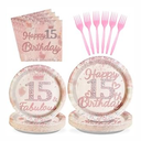 96 Pcs 15th Birthday Party Supplies 350 GSM Disposable Rose Gold 15 Year Old Birthday Plates Napkins Forks Tableware Set 15th Birthday Decorations for Girls Happy 15th Birthday Fabulous Party Serve 24