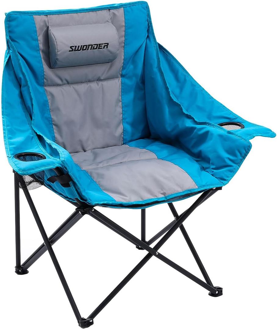 Swonder Oversized Moon Camping Chair with Innovative 2-in-1 Removable Seat Cushion for All Seasons, Heavy-Duty Fully Padded Folding Outdoor Chair with Headrest and Carry Bag (Lake Blue)