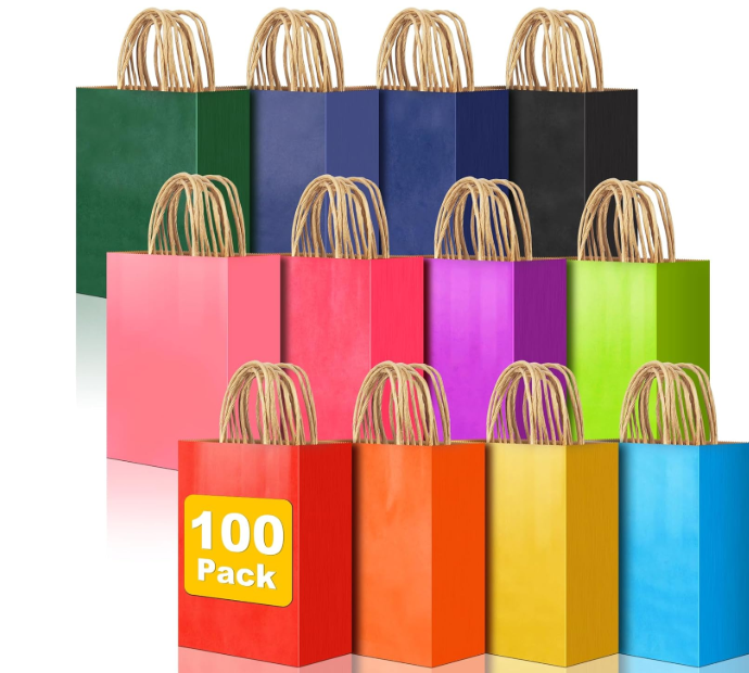 100 PCS Small Gift Bags with Handles, 5.91"x3.15"x8.27" Party Favor Bags, 12 Colored Goodie Bags for Birthday Party, Kraft Paper Gift Bags Bulk for Wedding, Baby Shower, Celebrations, Party Supplies