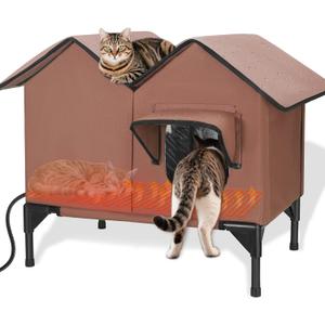 Large Heated Cat House for Outside in Winter, Elevated Waterproof Cat House for Outdoor Cats with Heating Pad, Insulated Heated Outdoor Cat House Weatherproof for Stray Cats Small Dogs (Brown)