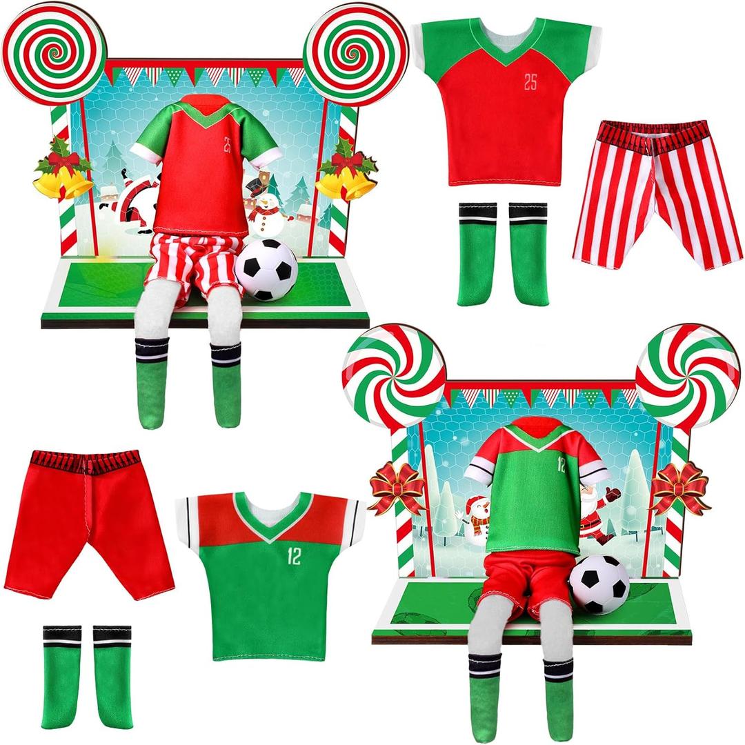 Sotiff 2 Sets/12 Pcs Christmas Doll Accessories Set Include Sports Suit Mini Wooden Soccer Background Board Sports Clothes Soccer Field Set for Xmas Party