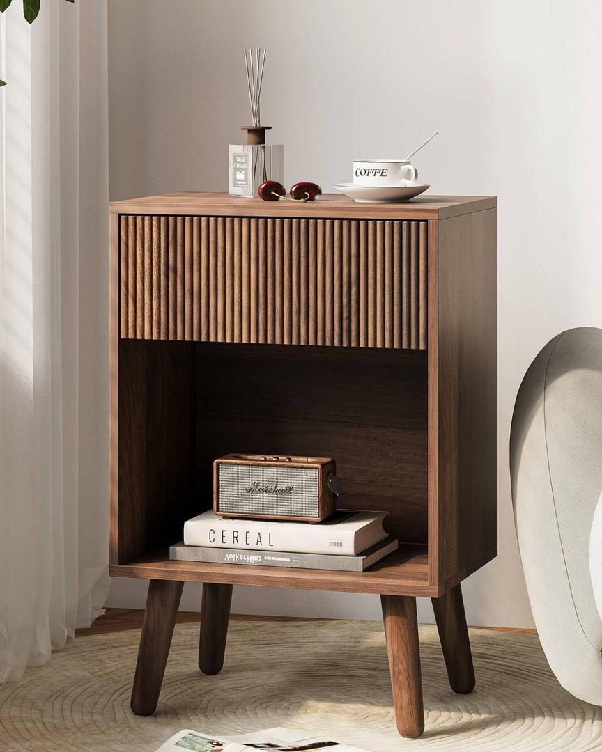 Nightstand, Modern Bedside Table with Storage Drawers and Open Wood Shelf, Night Stand with Solid Wood Legs, End Tables Side Tables for Living Room, Bedroom Walnut