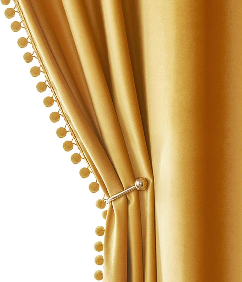 MIULEE Mustard Yellow Pom Pom Velvet Curtains for Fall Bedroom/Living Room Darkening Thermal Insulating 96 Inches Long Blackout Curtains with Rod Pocket for Kid Room/Nursery/Home Theater Set of 2