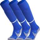 APTESOL Youth Soccer Socks Boys Girls Women Knee High Team Sport Cushion Sock Kids Long Tube Cotton Athletic Compression Socks (3-Pair Blue-B, Small)