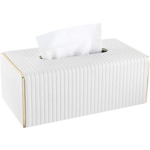 Tissue Box Cover Rectangle, PU Leather Tissue Holder with Magnetic Closure and Gold Trim for Bathroom, Decorative Tissues Box Holder for Toilet Bedroom Living Room Table Desk Office (White, Rectangle)