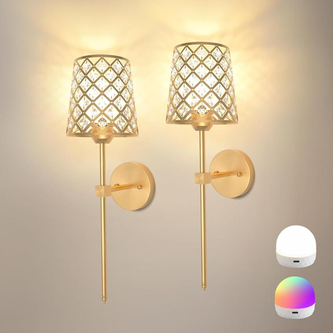 Crystal Battery Operated Wall Sconces Set of 2, Gold Rechargeable Wireless Wall Sconce Lights for Home Decor, Dimmable 12 RGB and 3CCT Wall Lamps with Remote for Living Room Bedroom Hallway