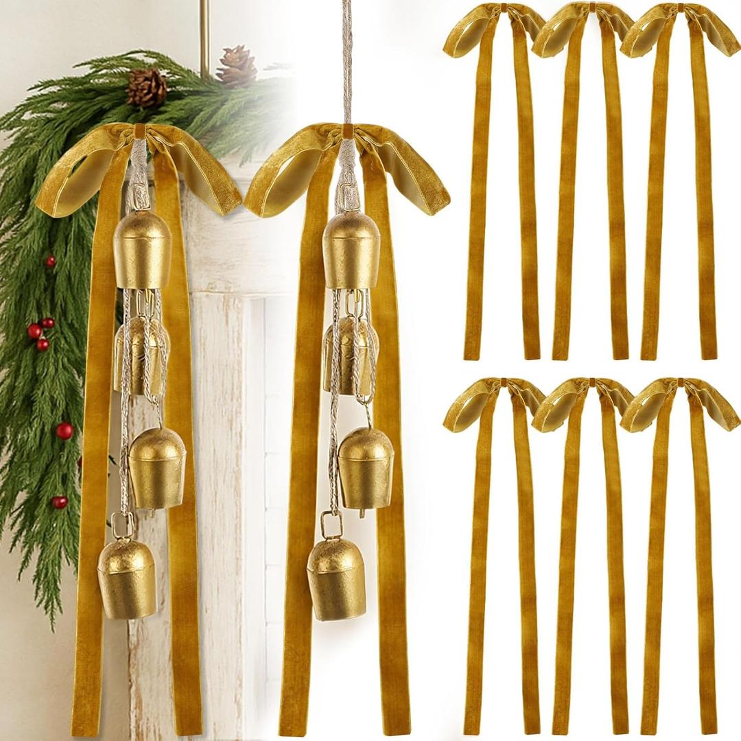 Suncalla 2 Pcs Christmas Cow Bells with 8 Pcs Khaki Velvet Bows Vintage Rustic Gold Bell with Hanging Rope Ornaments Ribbon Bows for Xmas Tree Wall Home Decor Wreath Garland Garden Indoor Outdoor
