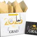 Loveinside White and Gold Graduation Gift Bag - Gold Foil 2025 Design with Tissue Paper, Greeting Card and Tag for Class of 2025 Graduation Season Theme Party - 13" x 5" x 10", 1 Pcs