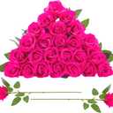 24 Pcs Hot Pink Rose Artificial Flowers with Long Stem Real Touch Silk Roses Bulk for Wedding, Party, Table Centerpieces Bright Pink Bouquet, Bridal, Home Decor