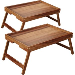 Fibogollo 2 Pack Acacia Wood Bed Tray Table with Folding Legs,Breakfast Trays,Serving Tray for Food and Snack,Laptop Trays for Working(Natural)