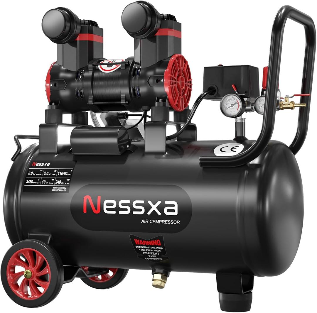 Nessxa 10 Gallon Portable Air Compressor, 2HP 8.76 CFM@115PSI 70dB Oil-Free Ultra Quiet Air Compressor for Car Repair, Spray Painting, Woodwork Nailin, 110V/60hz