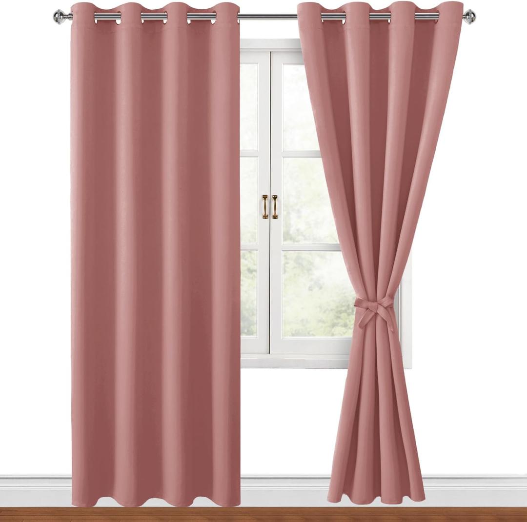 Hiasan Blackout Curtains for Bedroom, 52 x 84 Inches Long - Thermal Insulated & Energy Saving Window Curtains for Living Room, 2 Drape Panels Sewn with Tiebacks, Dusty Rose