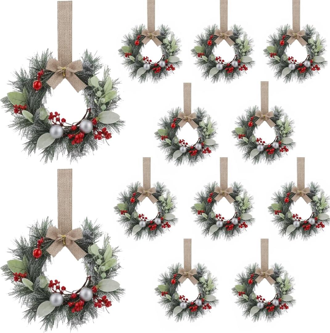 Zeyune 12 Pcs Small Christmas Wreaths for Kitchen Cabinets with Bow Ribbon Mini Cabinet Door Wreath Set Hanging Christmas Decor for Kitchen Window Outdoor Indoor, 14.96 x 7.87''(Glitter Ball Style)