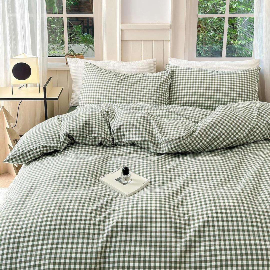 Gingham Duvet Cover, 3 Pieces Soft Breathable Microfiber Plaid Comforter Cover with Zipper Closure & 2 Pillow Shams, Ruffle Farmhouse Vintage Decor, Sage Green