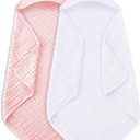 MOON PARK 2 Pack Muslin Hooded Baby Bath Towels for Newborns, Infants, Toddlers - 100% Cotton - Large 32x32Inch Size - Highly Absorbent and Essential, White and Pink