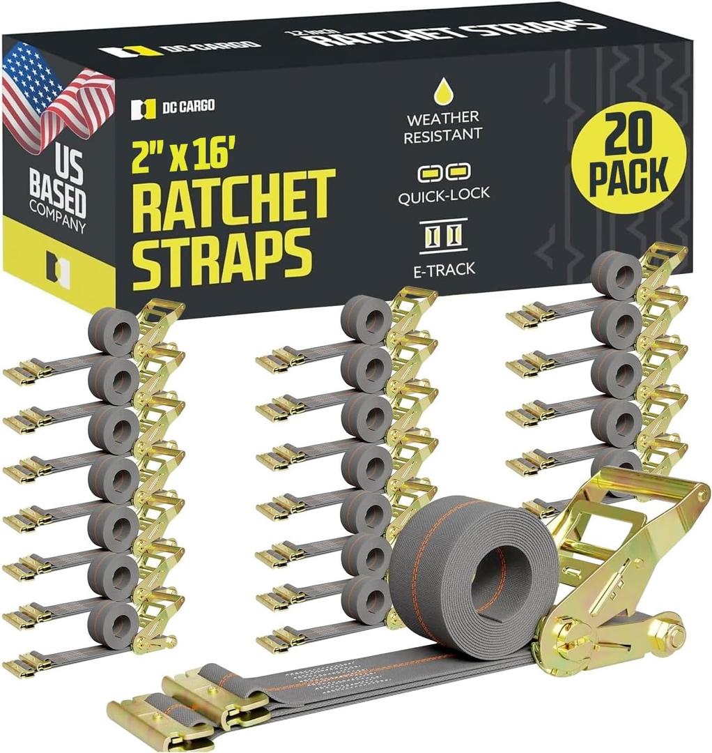 E Track Ratchet Straps Cargo Tie-Downs, (Pack of 20) 2 x 16 Heavy Duty Grey Tie-Down Rachet Straps, Strong Ratchet Strap, E Track Spring Fittings, Tie Down Motorcycle