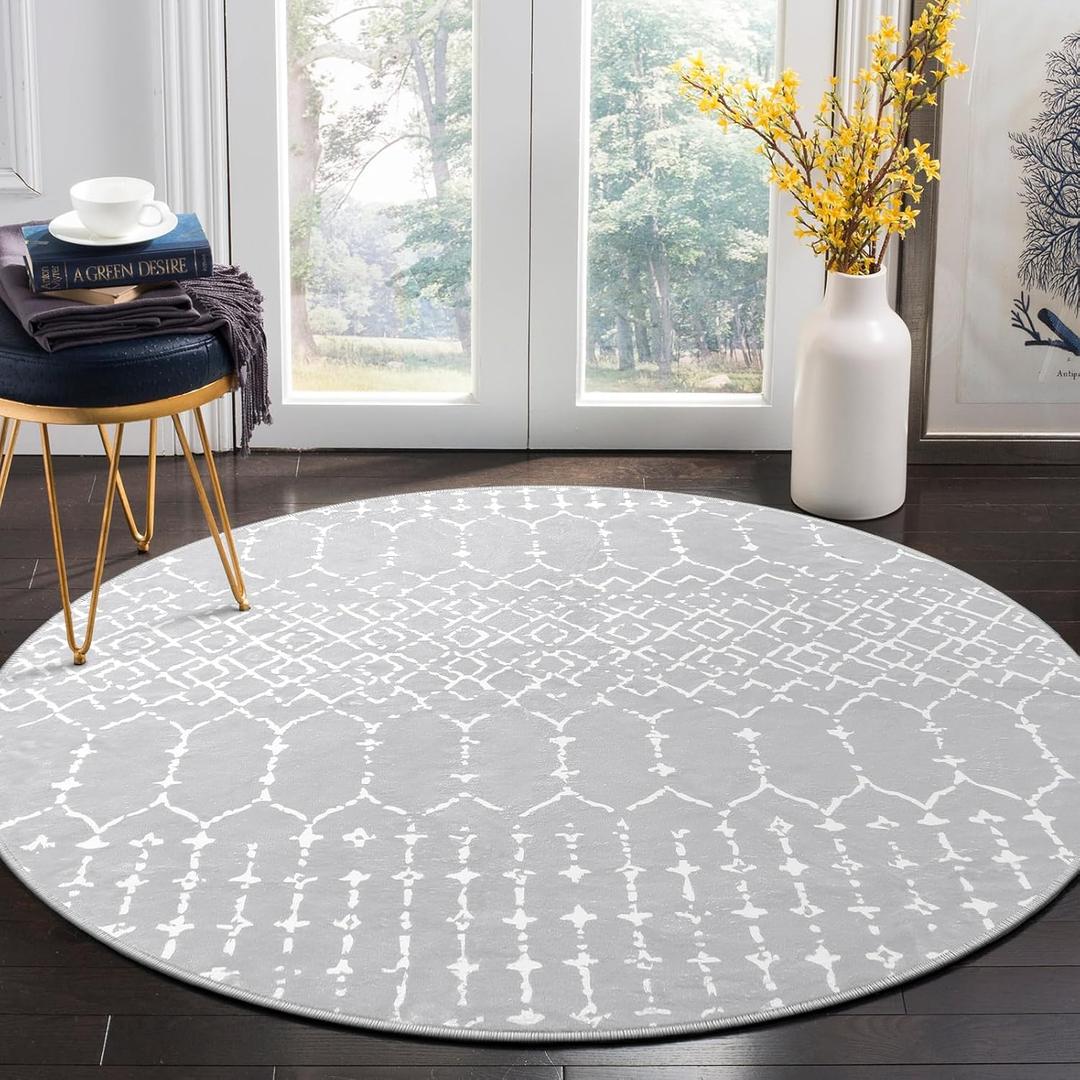 Lahome Moroccan Washable Round Rug - 4Ft Round Area Rugs for Bedroom Non-Slip Grey Stain Resistant Round Kitchen Rug, Modern Geometric Print Indoor Floor Circle Carpet for Entryway Living Room Sofa