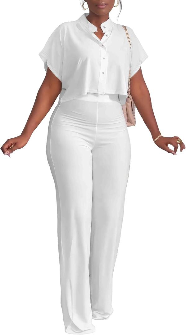 HBQ Women's Summer 2 Piece Outfits Casual Tracksuit Short Sleeve Button Down Crop Top Wide Leg Long Pant Lounge Sets (X-Large)