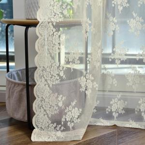 Kotile Beige Lace Curtains 84 Inches Long 2 Panels Country Rustic Floral Pattern Beige Sheer Curtains for Living Room, Privacy Grommet Cream Colored Vintage Lace Window Drapes, 52 x 84 Inch