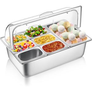 Ziliny Ice Food Serving Display Container 7 Pans Cooled Condiment Dispenser and Clear Roll Top Cover Stainless Steel Buffet Serving Tray Salad Bar Cooler Spice Food Display Rack for Buffet, 22.1" X 14.6" X 8.7"