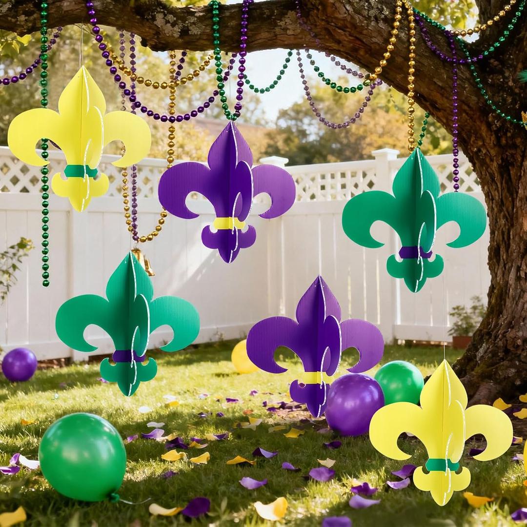 Thyle 6 Pcs Large Mardi Gras Decorations Outdoor 12.6"x12.6" Mardi Gras Hanging Ornaments Yard Fleur De Lis Sign Double Sided Gold Green Purple Porch Sign for Front Door Home Masquerade Party Decor
