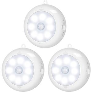 BLS Motion Sensor Light Indoor, LED Night Light Closet Lights, Under Cabinet Battery Powered Ceiling Lights, AA Battery Operated Stick on Wireless Puck Lights for Wall, Step, Stair, Dimmable (3 Pack)