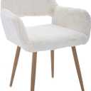 KCC Furry Desk Chair, Mid-Century Modern Accent Comfy Armchair with Faux Fur for Teen Girls, Wood Look Metal Legs Living Dining Room, Home Vanity Makeup Office No Wheel, White. (1 PC)