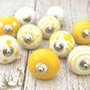12 x Cabinet Knobs and Pulls - Indian Vintage Pottery Ceramic Kitchen Cupboard Drawer Handle Interior Decor Furniture Hardware (Yellow and White, Pack of 12)