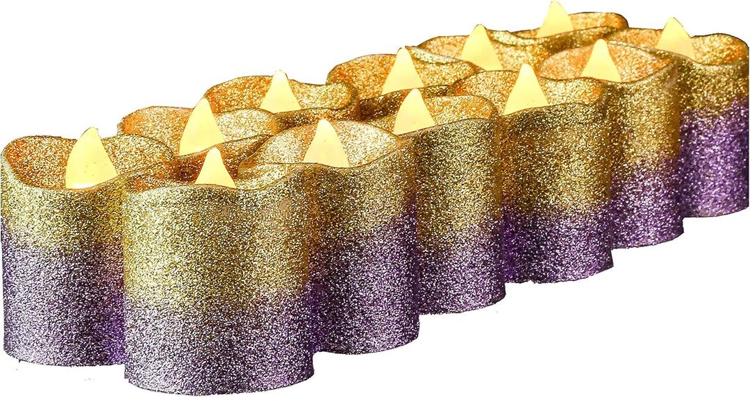 2 x LOGUIDE Gold Flameless Votive Candles, 12-Pack Gold & Purple Glitter Battery Operated LED Tea Lights Candle for Christmas Decorations, Wedding Centerpieces, Party, Birthday, Anniversary