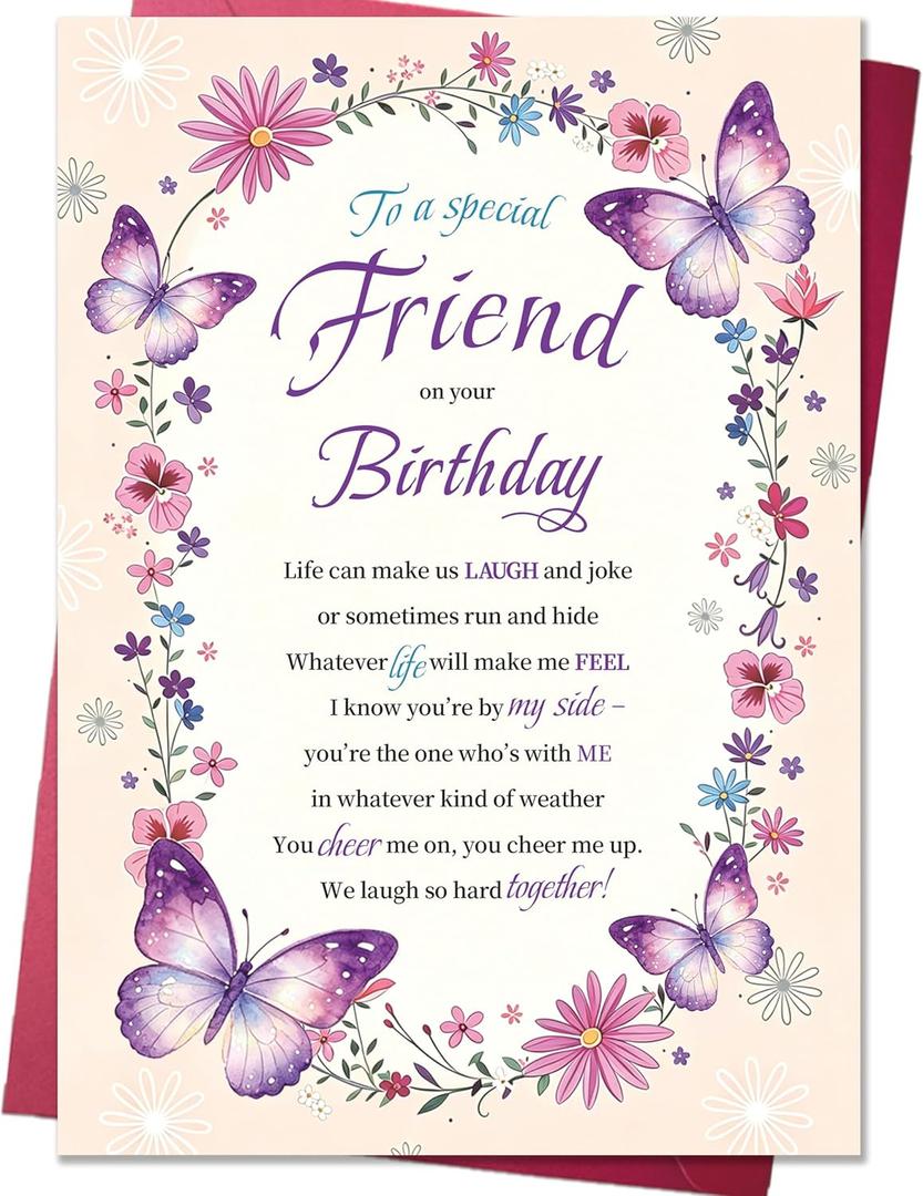 Floral Butterfly Birthday Card Gift for Best Friend Sister Women, 5x7 inch