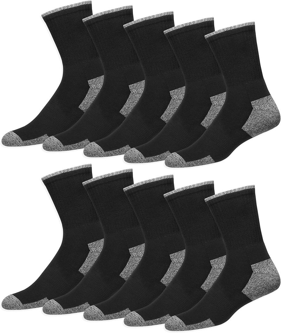 Men's Crew Socks 10-Pack Cushion Reinforced Durable Socks, Pack of 10 Pairs (Large, Black)