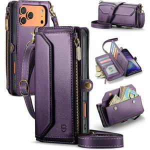 Wallet Case Compatible with iPhone 17 Pro Max 6.9" RFID Blocking 10-Card Holder Soft PU Leather Magnetic Snap Shoulder Strap Zipper Pocket Phone Case Fit for iPhone 17 Pro Max - Purple