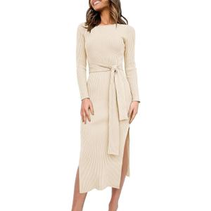 ANRABESS Womens Long Sleeve Sweater Dress Crew Neck Slim Fit Slit Tie Waist 2025 Ribbed Knit Bodycon Midi Dress Fall Outfits (Small, Beige)