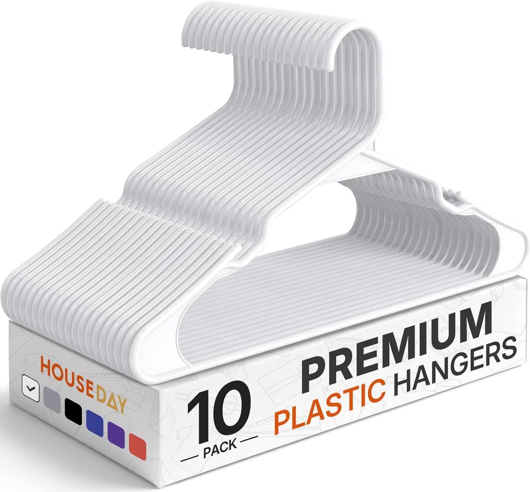 HOUSE DAY Premium Plastic Hangers 10 Pack, Clothes Hanger Space Saving, Heavy Duty Coat Hanger - Durable and Strong Closet Organizers and Storage Makes It Ideal Dorm Room Essentials (White)