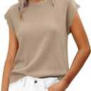 Women Summer Sweater Cap Sleeve Lightweight Pullover Soft Knit Top with Scallop Wavy