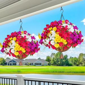 Dolicer 2 Packs Look Real Artificial Hanging Flowers for Outdoors, Realistic Artificial Flowers for Outdoors Hanging Basket UV Resistant Fake Hanging Flowers Plants for Outdoor Porch Patio Balcony