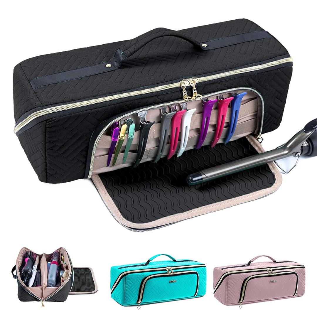 Large Hair Tools Travel Bag with Iron Mat - 2in1 Hair Tools Organizer for Hair Dryer Brush, Flat Irons, Straighteners, Curling Irons, Hair Bag, Makeup Bag, Cosmetic Bag for Travel Essentials (Black)