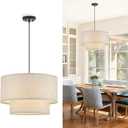 VILUXY Drum Fabric Pendant Light Farmhouse White Chandelier Double Drum Shade Hanging Ceiling Light Fixture 3 Lights Linen for Bedroom Dining Room Living Room Entryway