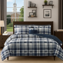 MaiRêve Full Size Comforter Set Navy Blue, Plaid Design Comforter Set 7 Pieces, All Season Comfortable Bedding Sets Full, Lightweight, Soft and Warm (Navy Blue, Full)