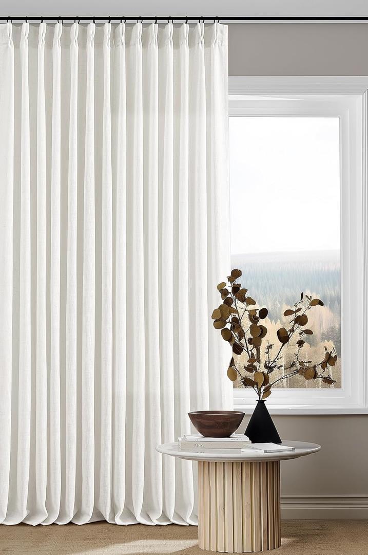 Beige White Pinch Pleated Linen Curtains 2 Panels 105 Inches Long for Living Room Bedroom Memory Shaped Semi Sheer Pleat Drapes with Hooks Rings Light Filtering Window Curtain 40x105