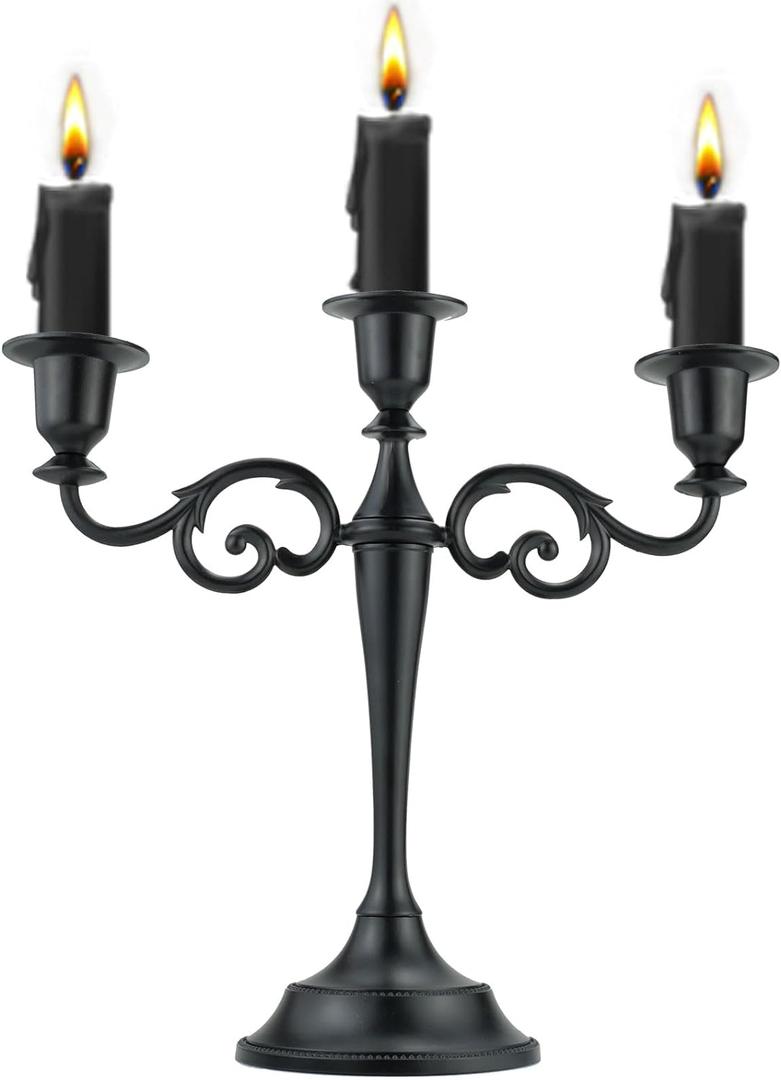 3 Metal Candelabra  Candlesticks Holder for Formal Events, Wedding, Church, Holiday Dcor, Halloween  Taper Candle Holder Stand Centerpiece Elegant Decoration Piece for Table,Pure Black