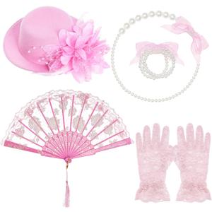 obmwang 5 Pieces Girls Tea Party Supplies Tea Party Gloves Hats Girls Kids Tea Party Necklace Fan for Girls Tea Party Costume (Pink)