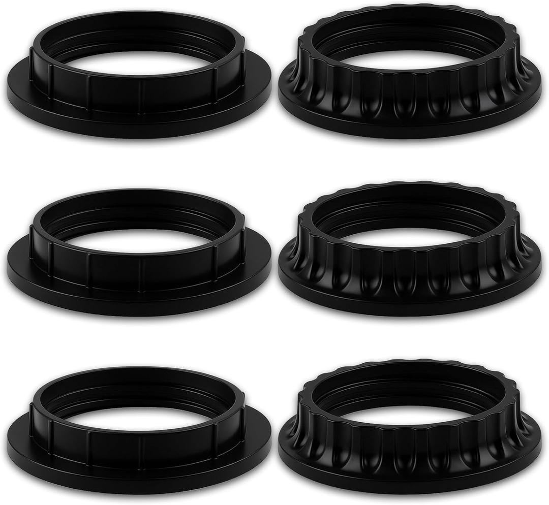 6 Pack E26 Lamp Shade Rings - E26 Light Socket Shade Rings Collar Ring,- 34mm (1-3/8") & 39mm (1-1/2") 2 Sizes Black Threaded Reducer Collar Ring for Light Socket, Hanging Lamp Holder Parts