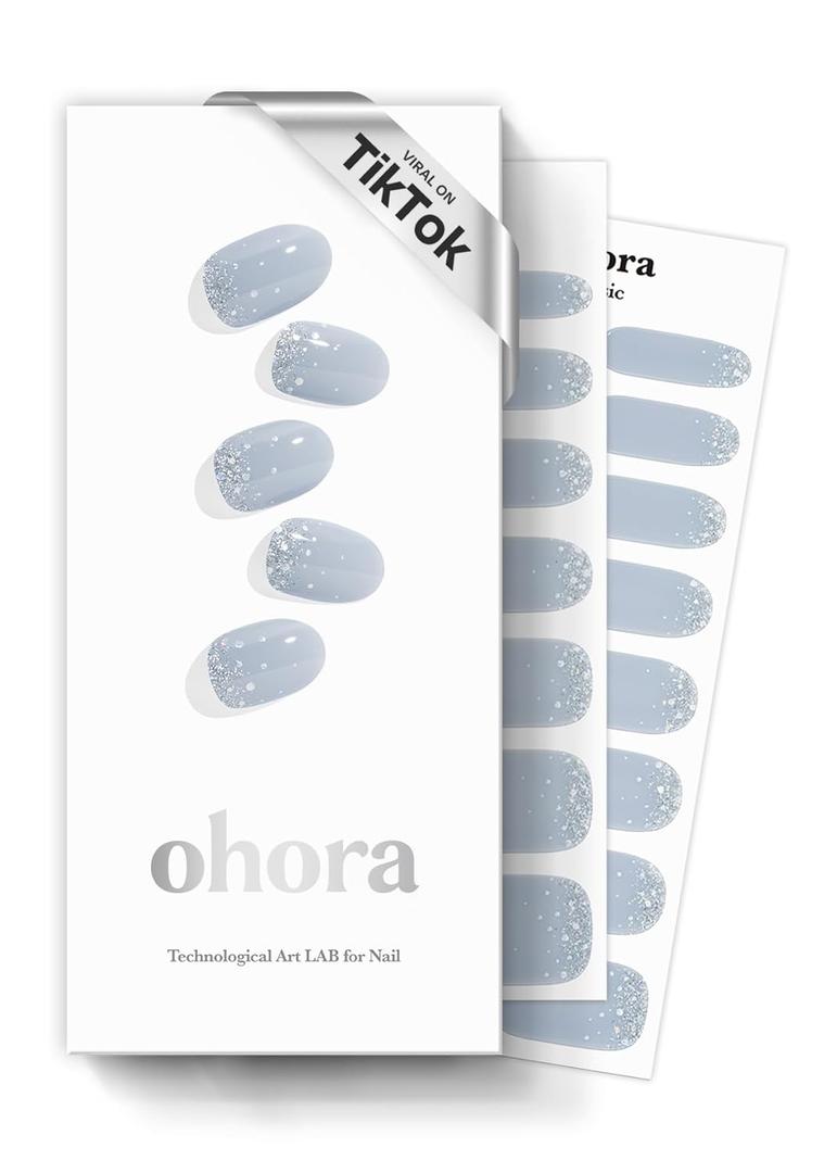 ohora Semi Cured Gel Nail Strips (N Felice) - Blue, Glitter, Works with Any UV/LED Lamps, Salon-Quality, Long Lasting, Easy to Apply & Remove - Includes 2 Prep Pads, Nail File & Wooden Stick