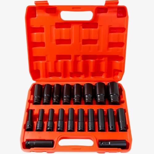 20 PCS 1/2-Inch Drive Deep Impact Socket Set, CR-V, 6 Point, 8mm to 32mm, Metric, Deep