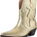 HOCHFART Cowboy Boots for Women Pointed Toe Pull On Boots Metallic Embroidered Western Cowgirl Boots with Chunky Heel for Wide Calf (8.5)